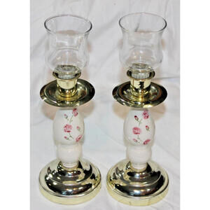 Pair Vintage Home Interior Porcelain Candlestick Holders Complete w/Votive Cups